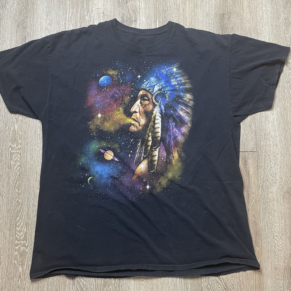 Vintage Native American Indian Chief Headdress Planets Stars Galaxy T-Shirt XL